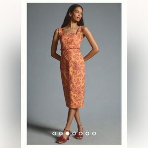 Anthropologie The Linden Slim Square-Neck Dress Color: ORANGE MOTIF Medium